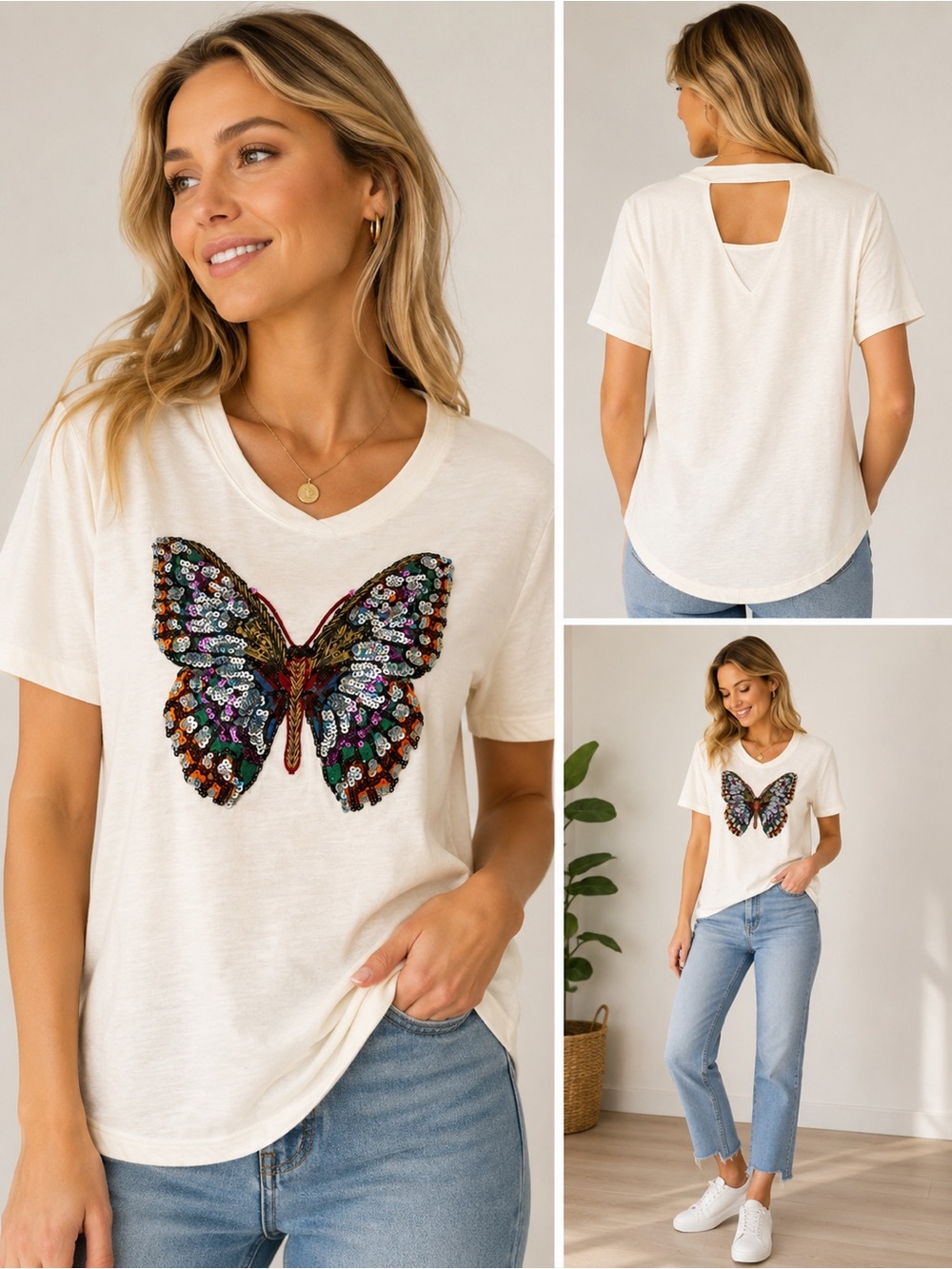 Molly Bracken Sequin Butterfly Short Sleeve Tee - v cutout, Cream, nwot, sz Xs 🦋